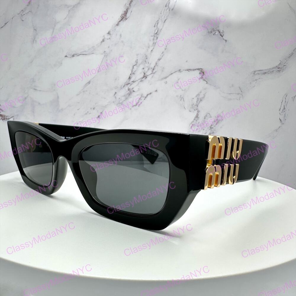 MIU MIU Sunglasses New Black Acetate Gold Metal Logo Square Cat Eye Authentic